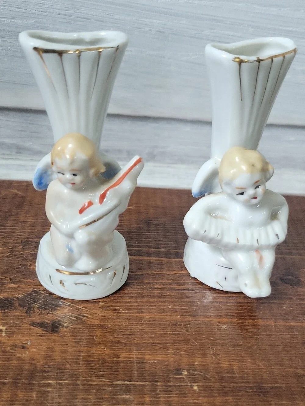Vintage Mid Century Porcelain Cherub Angel Musician Bud Vases Japan